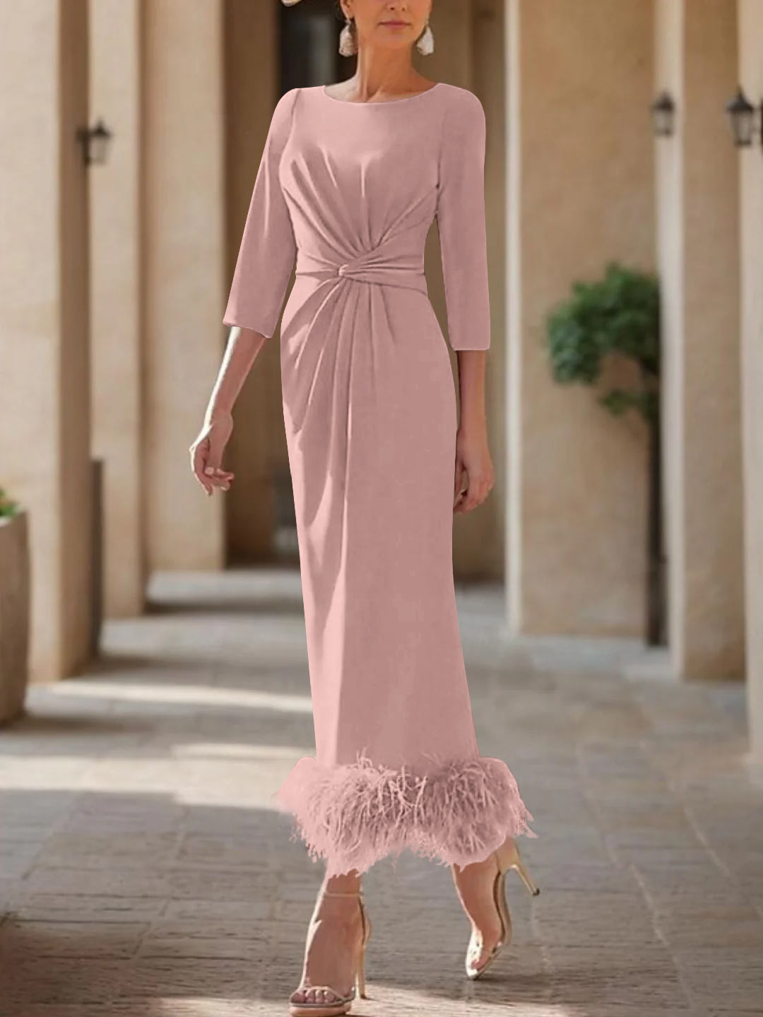 Elegant Feather-Adorned Scoop Neck Ankle-Length Dress for Mothers of the Bride & Groom