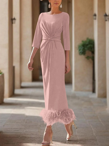 Elegant Feather-Adorned Scoop Neck Ankle-Length Dress for Mothers of the Bride & Groom
