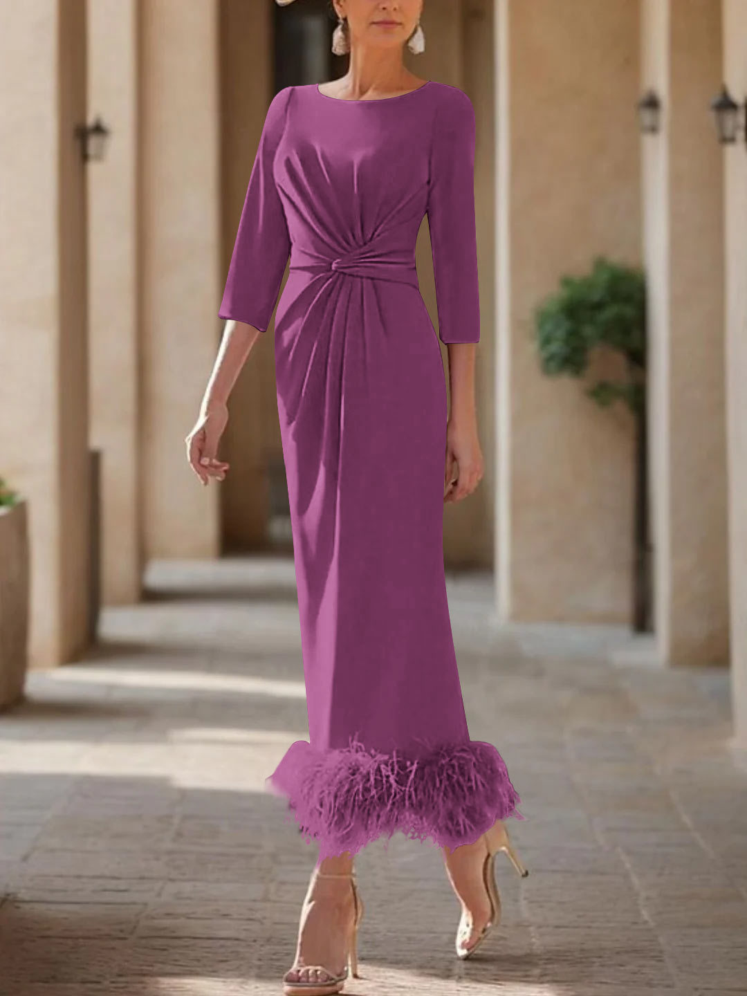 Elegant Feather-Adorned Scoop Neck Ankle-Length Dress for Mothers of the Bride & Groom