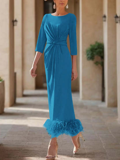 Elegant Feather-Adorned Scoop Neck Ankle-Length Dress for Mothers of the Bride & Groom