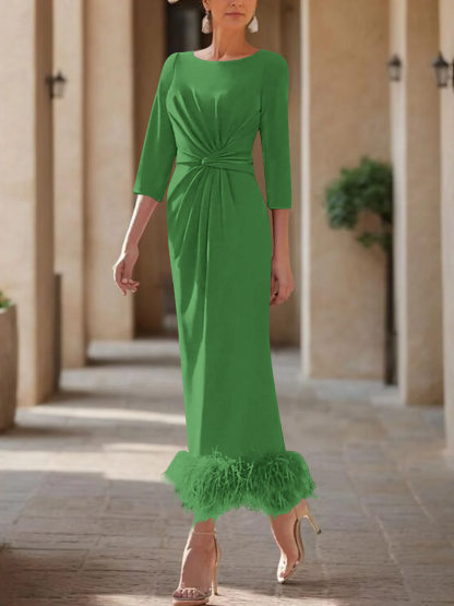 Elegant Feather-Adorned Scoop Neck Ankle-Length Dress for Mothers of the Bride & Groom