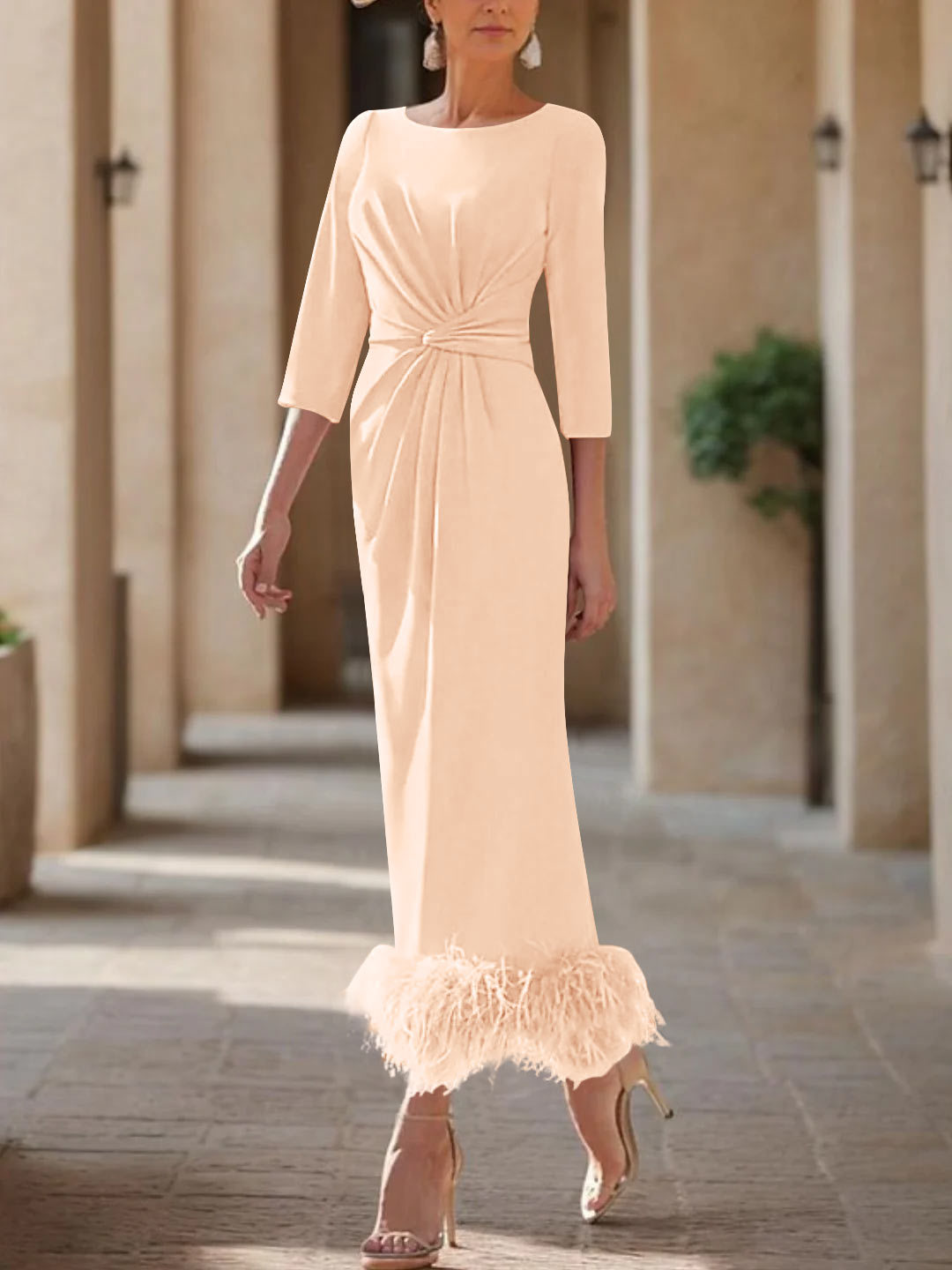 Elegant Feather-Adorned Scoop Neck Ankle-Length Dress for Mothers of the Bride & Groom