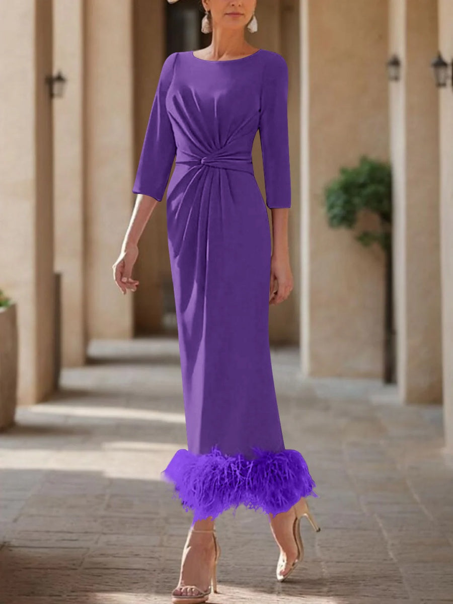 Elegant Feather-Adorned Scoop Neck Ankle-Length Dress for Mothers of the Bride & Groom