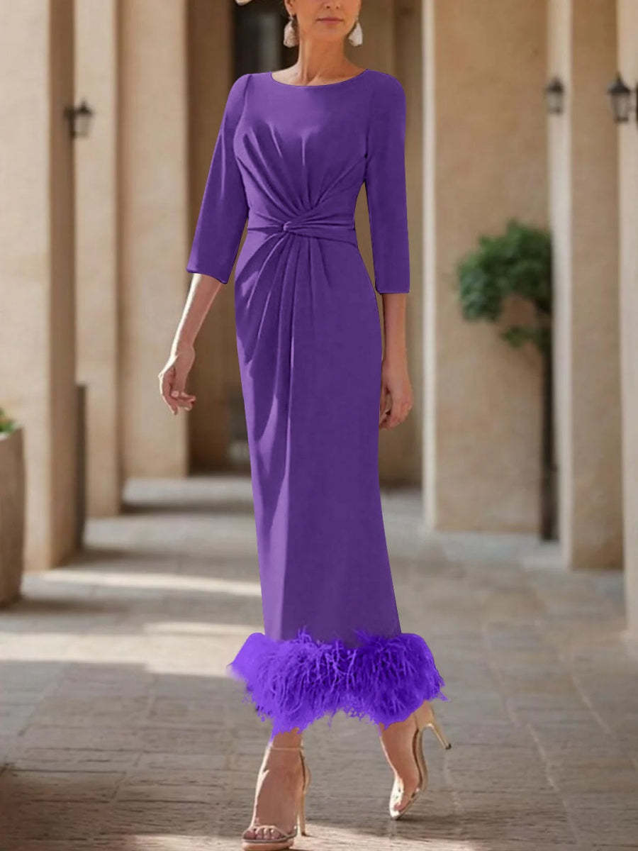 Elegant Feather-Adorned Scoop Neck Ankle-Length Dress for Mothers of the Bride & Groom