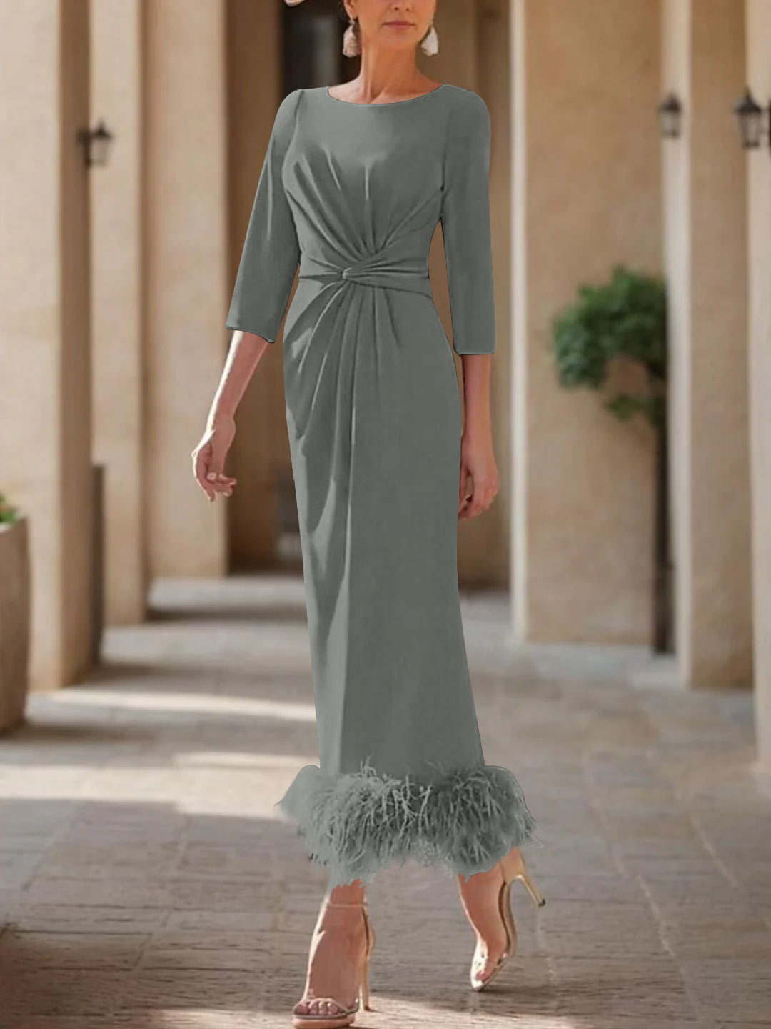 Elegant Feather-Adorned Scoop Neck Ankle-Length Dress for Mothers of the Bride & Groom
