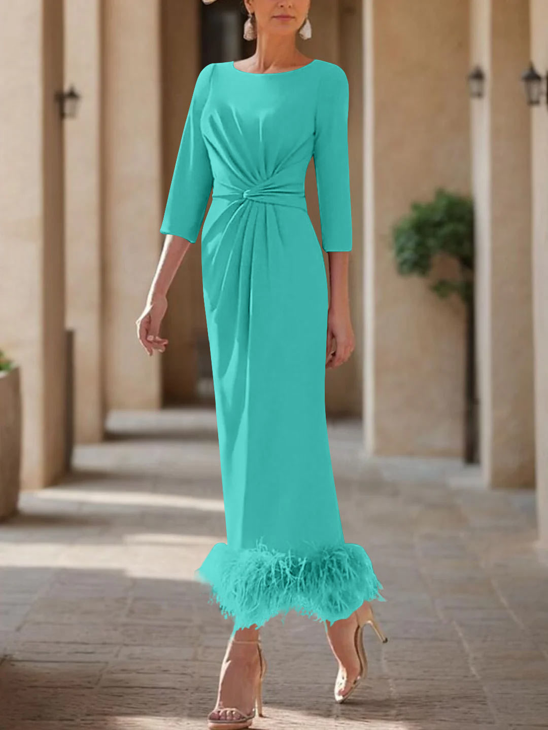 Elegant Feather-Adorned Scoop Neck Ankle-Length Dress for Mothers of the Bride & Groom