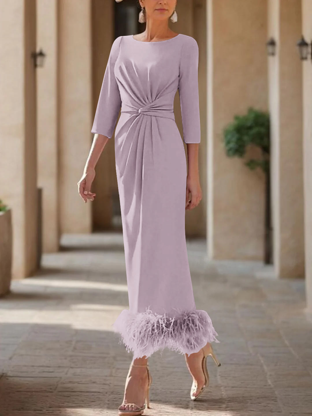 Elegant Feather-Adorned Scoop Neck Ankle-Length Dress for Mothers of the Bride & Groom