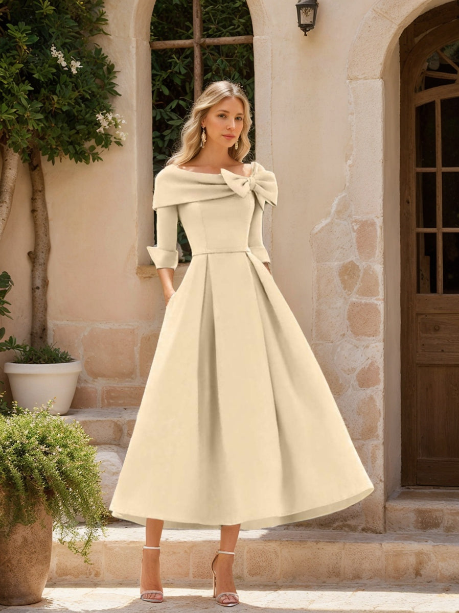 Elegant A-Line Princess Dresses with Cowl Neck and Bows 3/4 Sleeves Tea Length for Mothers of the Bride & Groom-BMbridal.UK