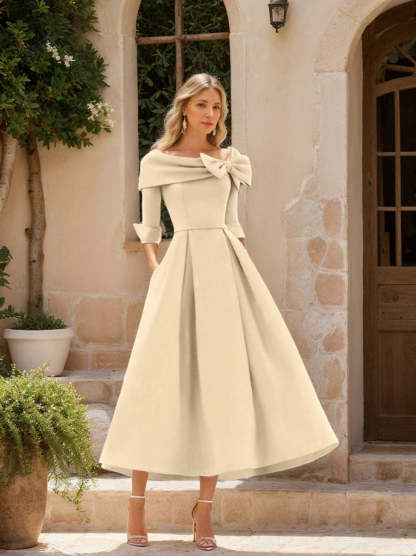 Elegant A-Line Princess Dresses with Cowl Neck and Bows 3/4 Sleeves Tea Length for Mothers of the Bride & Groom-BMbridal.UK