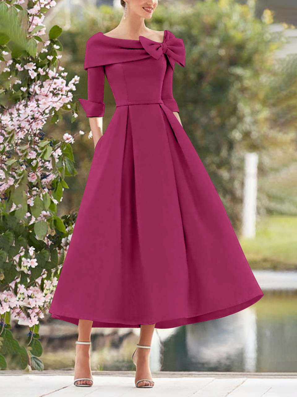 Elegant A-Line Princess Dresses with Cowl Neck and Bows 3/4 Sleeves Tea Length for Mothers of the Bride & Groom-BMbridal.UK