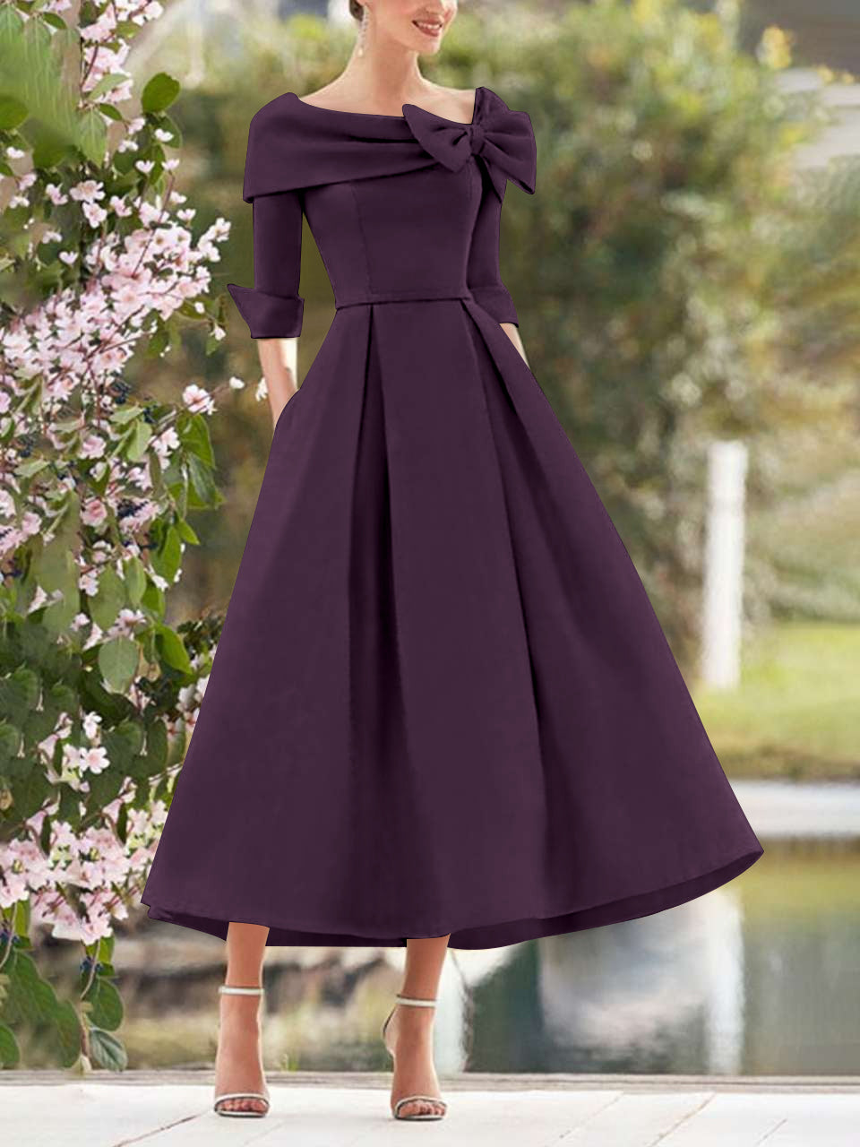 Elegant A-Line Princess Dresses with Cowl Neck and Bows 3/4 Sleeves Tea Length for Mothers of the Bride & Groom-BMbridal.UK