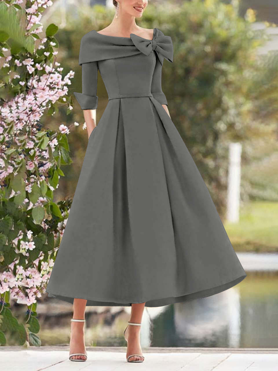 Elegant A-Line Princess Dresses with Cowl Neck and Bows 3/4 Sleeves Tea Length for Mothers of the Bride & Groom-BMbridal.UK