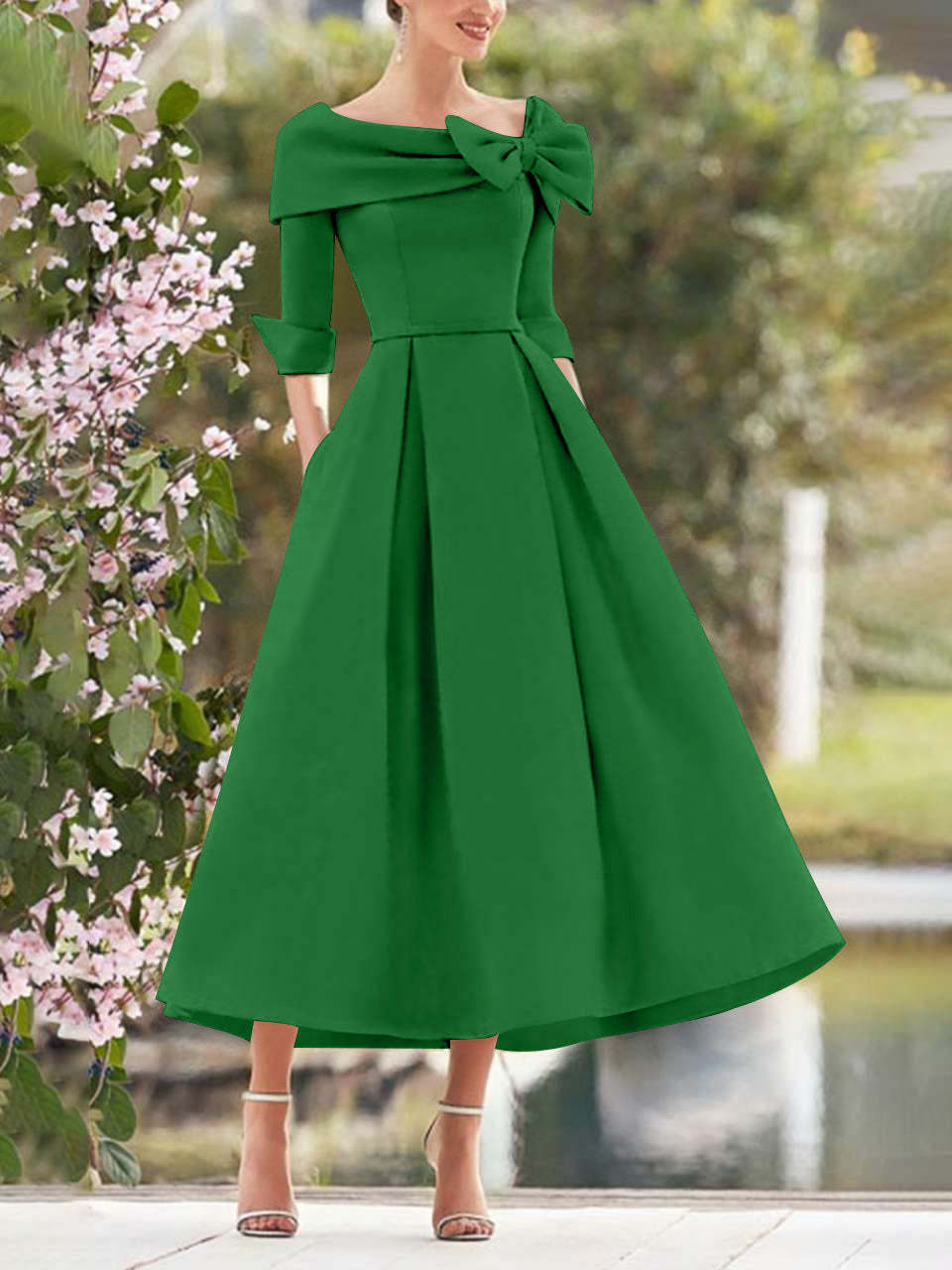 Elegant A-Line Princess Dresses with Cowl Neck and Bows 3/4 Sleeves Tea Length for Mothers of the Bride & Groom-BMbridal.UK
