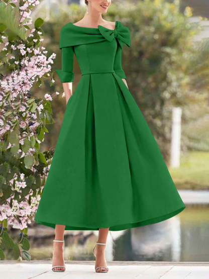 Elegant A-Line Princess Dresses with Cowl Neck and Bows 3/4 Sleeves Tea Length for Mothers of the Bride & Groom-BMbridal.UK