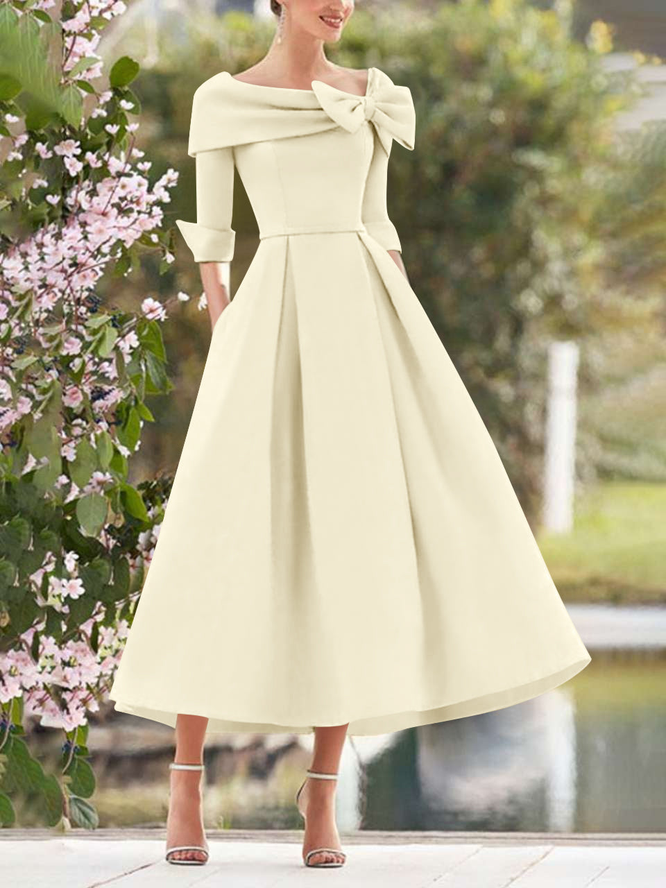 Elegant A-Line Princess Dresses with Cowl Neck and Bows 3/4 Sleeves Tea Length for Mothers of the Bride & Groom-BMbridal.UK