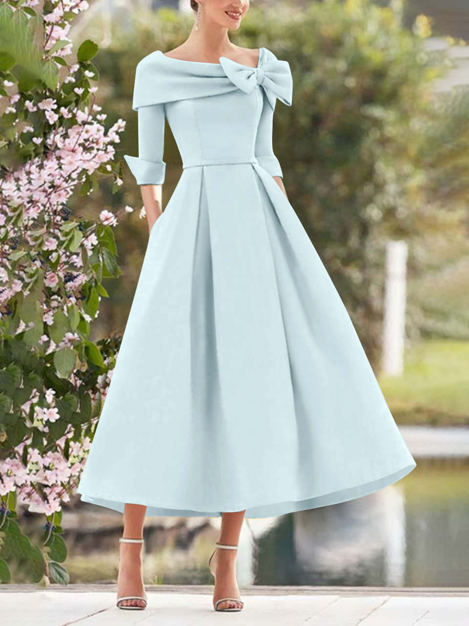 Elegant A-Line Princess Dresses with Cowl Neck and Bows 3/4 Sleeves Tea Length for Mothers of the Bride & Groom-BMbridal.UK