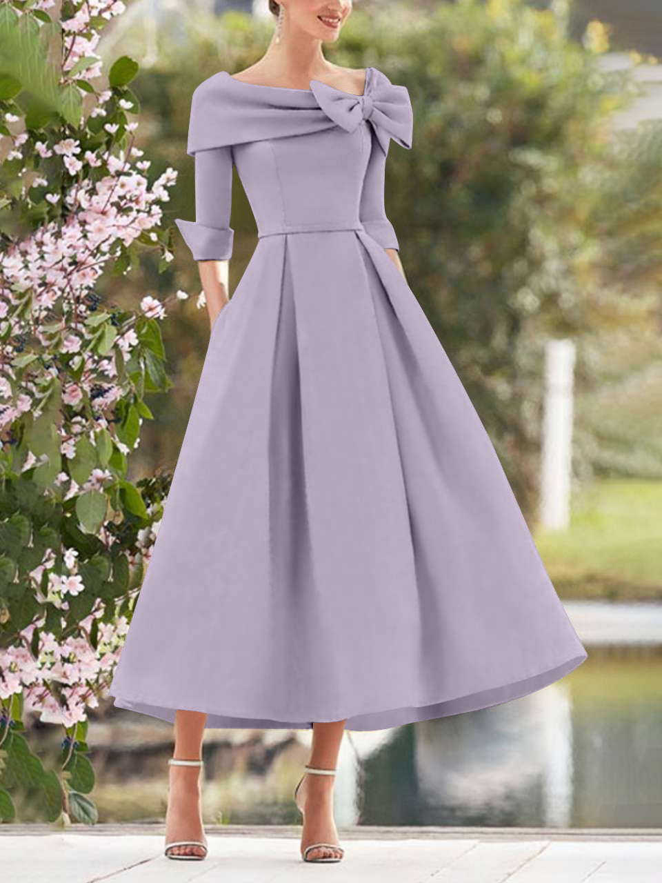 Elegant A-Line Princess Dresses with Cowl Neck and Bows 3/4 Sleeves Tea Length for Mothers of the Bride & Groom-BMbridal.UK