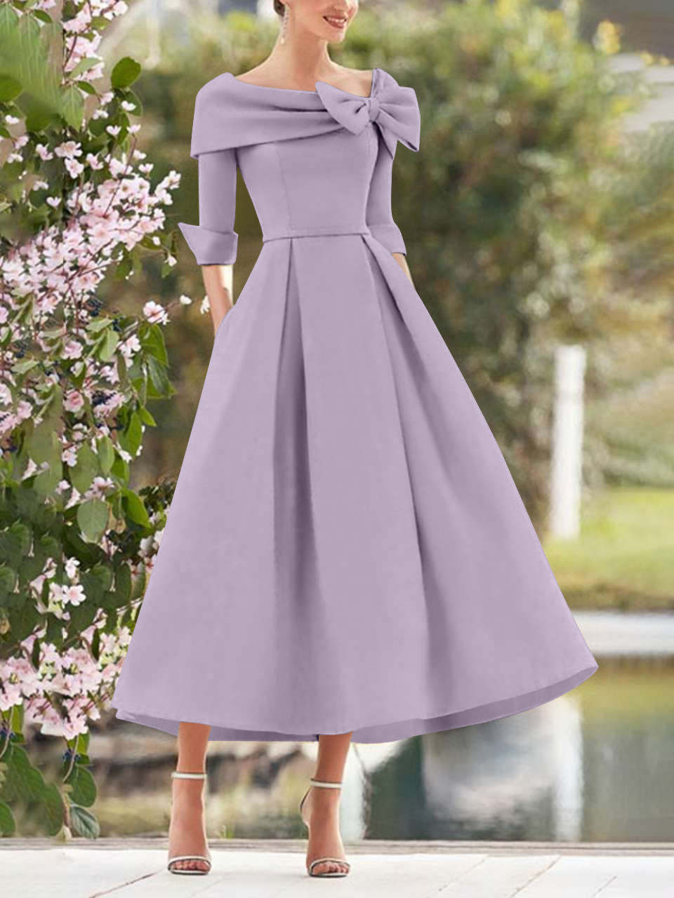 Elegant A-Line Princess Dresses with Cowl Neck and Bows 3/4 Sleeves Tea Length for Mothers of the Bride & Groom-BMbridal.UK