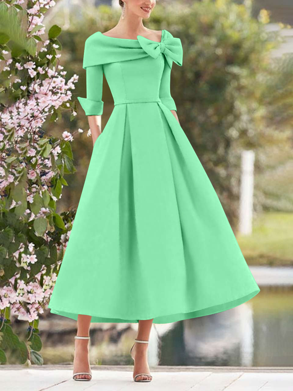 Elegant A-Line Princess Dresses with Cowl Neck and Bows 3/4 Sleeves Tea Length for Mothers of the Bride & Groom-BMbridal.UK