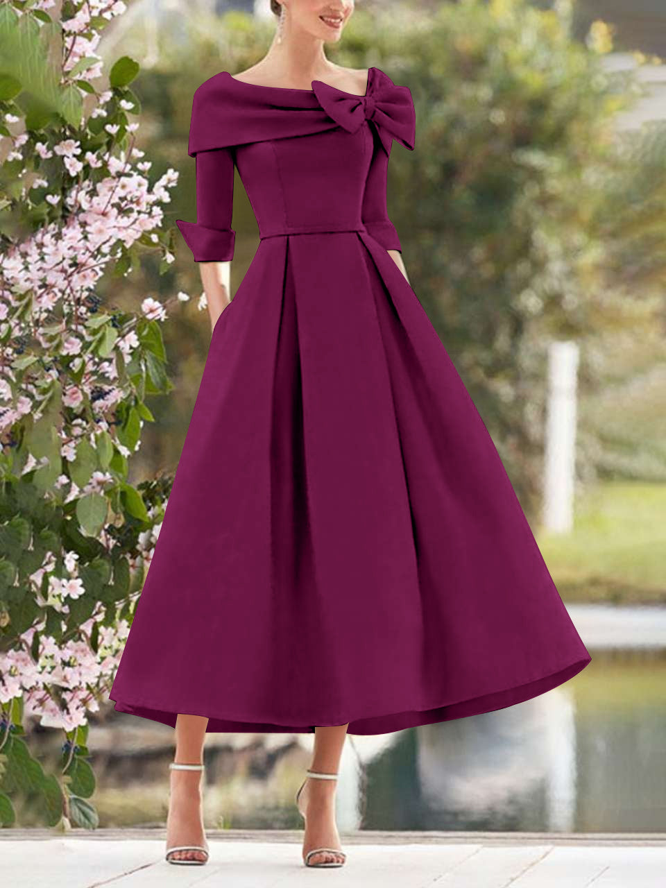 Elegant A-Line Princess Dresses with Cowl Neck and Bows 3/4 Sleeves Tea Length for Mothers of the Bride & Groom-BMbridal.UK