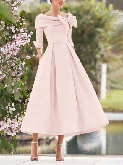 Elegant A-Line Princess Dresses with Cowl Neck and Bows 3/4 Sleeves Tea Length for Mothers of the Bride & Groom-BMbridal.UK