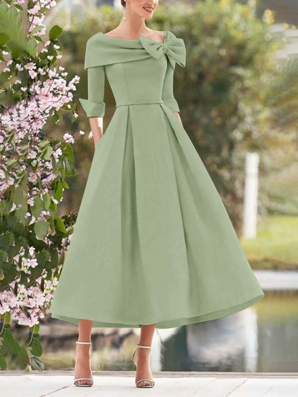 Elegant A-Line Princess Dresses with Cowl Neck and Bows 3/4 Sleeves Tea Length for Mothers of the Bride & Groom-BMbridal.UK