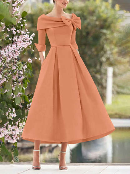 Elegant A-Line Princess Dresses with Cowl Neck and Bows 3/4 Sleeves Tea Length for Mothers of the Bride & Groom-BMbridal.UK