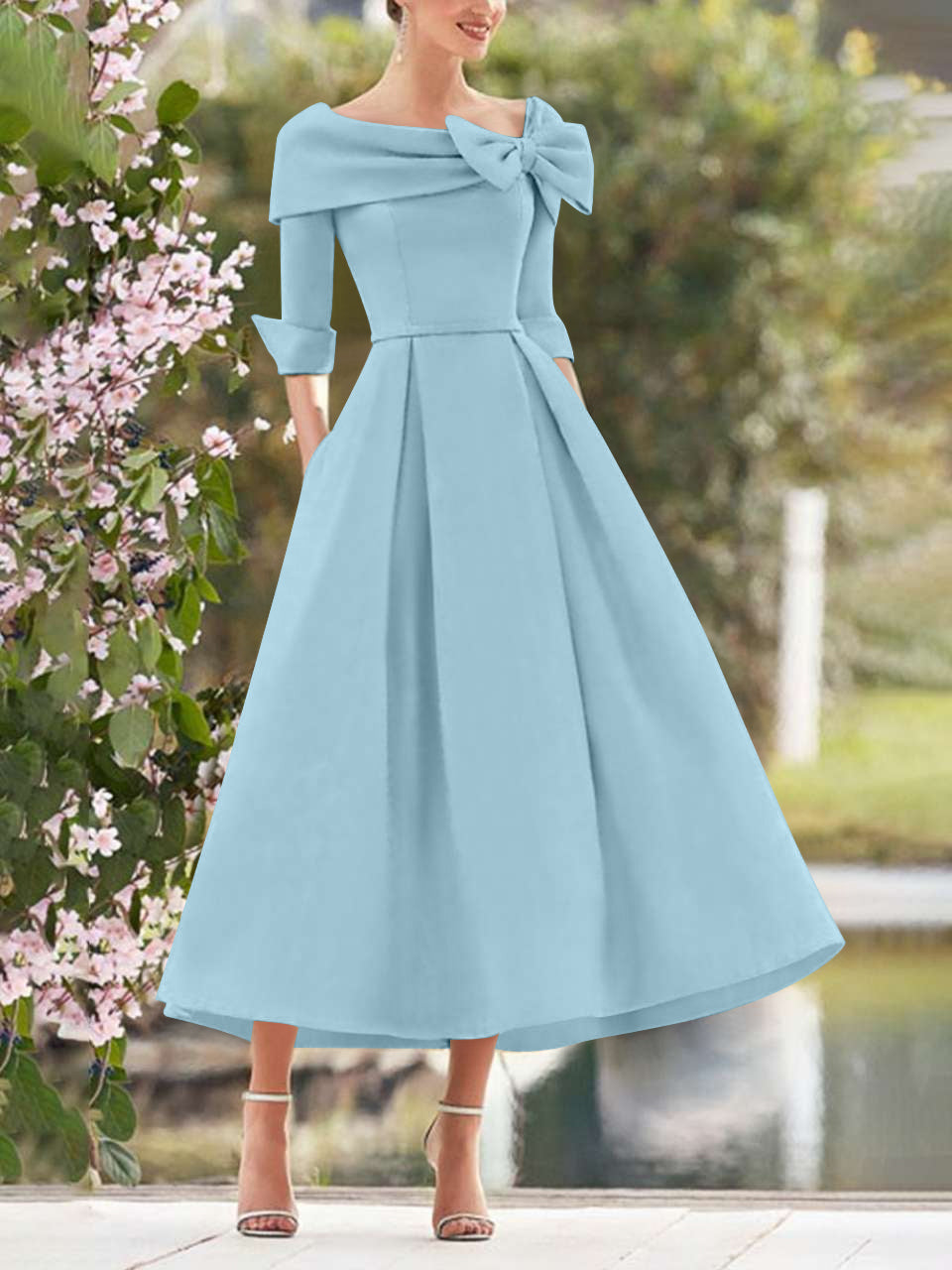 Elegant A-Line Princess Dresses with Cowl Neck and Bows 3/4 Sleeves Tea Length for Mothers of the Bride & Groom-BMbridal.UK