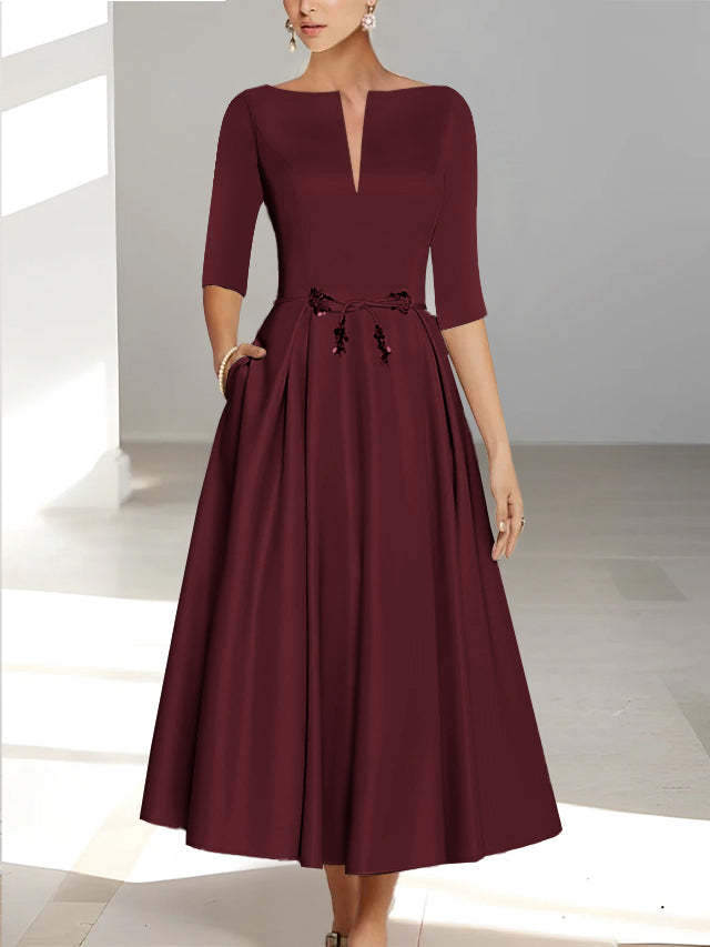 Ankle-Length Mother of the Bride A-Line Dress with Half Sleeves and Pockets