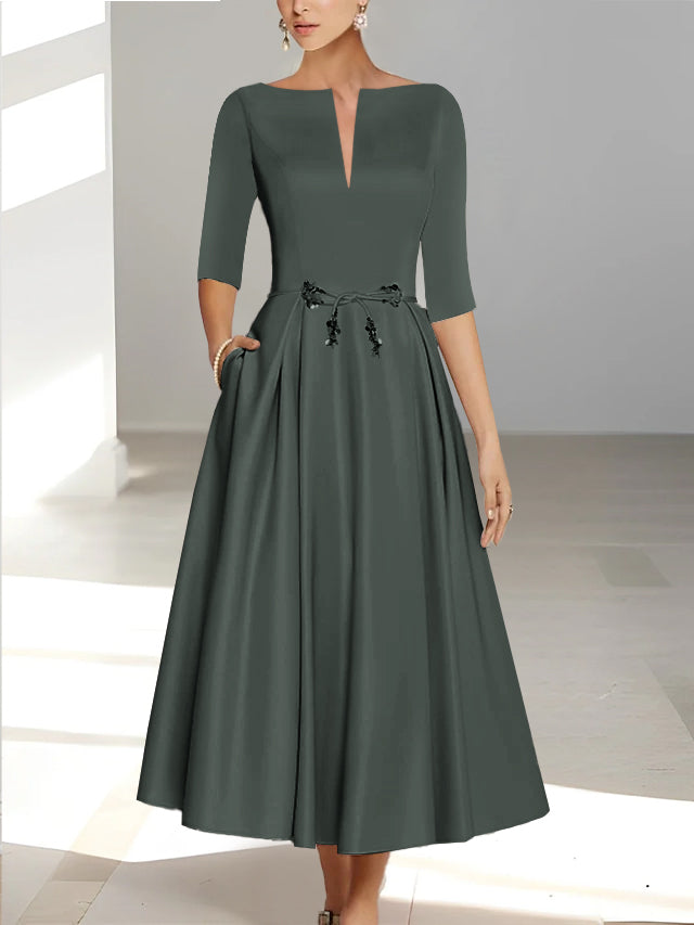 Ankle-Length Mother of the Bride A-Line Dress with Half Sleeves and Pockets
