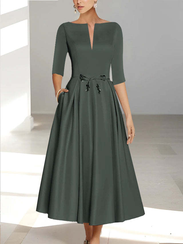 Ankle-Length Mother of the Bride A-Line Dress with Half Sleeves and Pockets