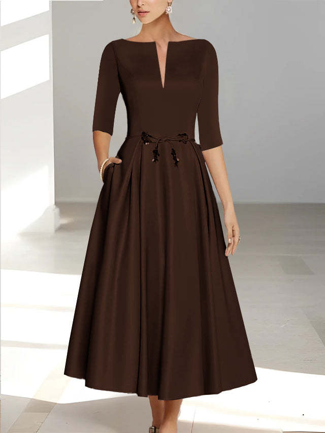 Ankle-Length Mother of the Bride A-Line Dress with Half Sleeves and Pockets
