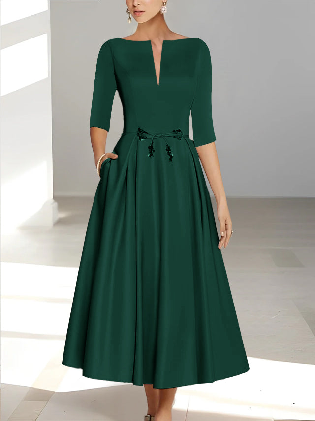 Ankle-Length Mother of the Bride A-Line Dress with Half Sleeves and Pockets