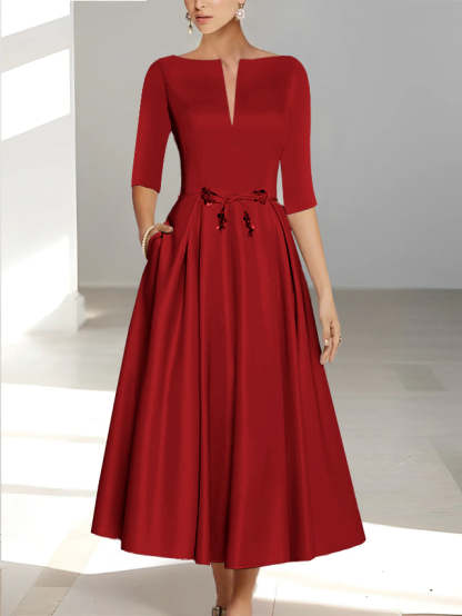 Ankle-Length Mother of the Bride A-Line Dress with Half Sleeves and Pockets