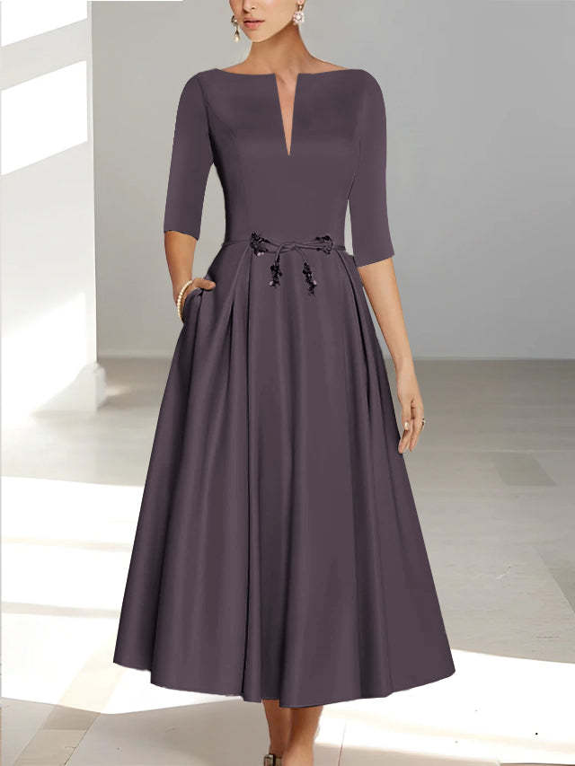 Ankle-Length Mother of the Bride A-Line Dress with Half Sleeves and Pockets