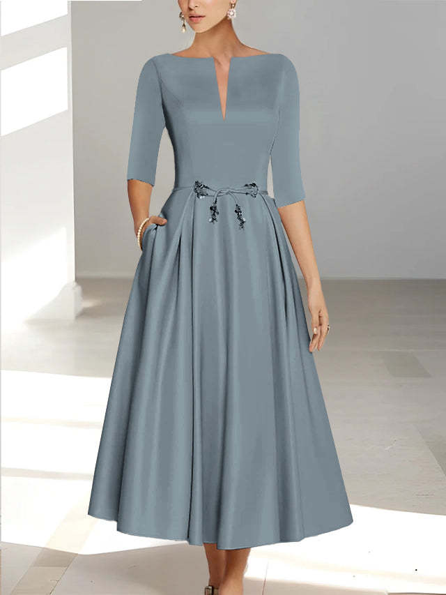 Ankle-Length Mother of the Bride A-Line Dress with Half Sleeves and Pockets