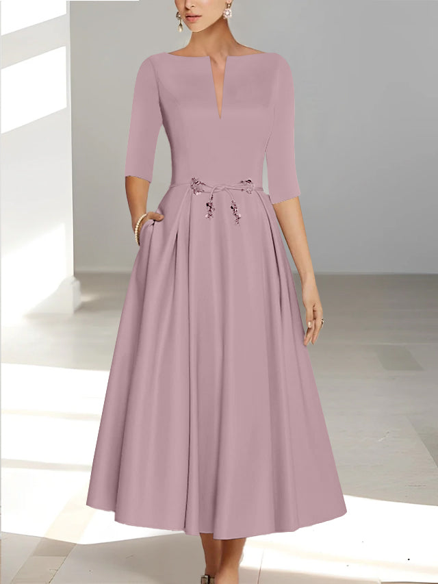 Ankle-Length Mother of the Bride A-Line Dress with Half Sleeves and Pockets