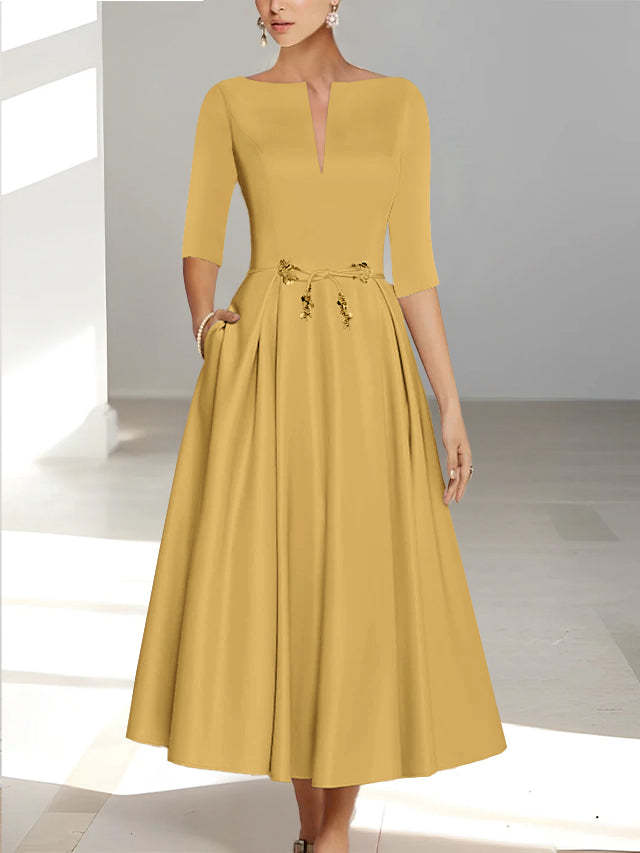 Ankle-Length Mother of the Bride A-Line Dress with Half Sleeves and Pockets
