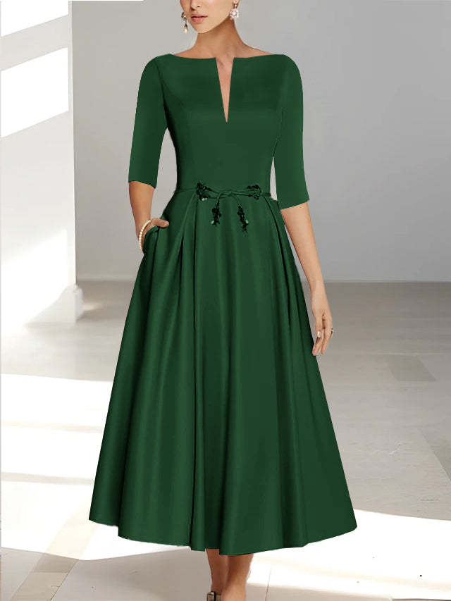 Ankle-Length Mother of the Bride A-Line Dress with Half Sleeves and Pockets