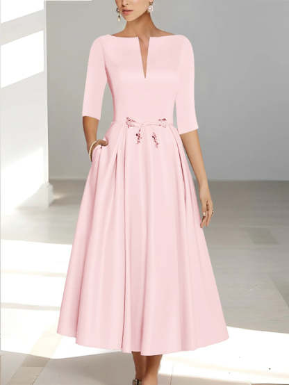 Ankle-Length Mother of the Bride A-Line Dress with Half Sleeves and Pockets