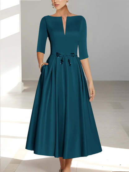 Ankle-Length Mother of the Bride A-Line Dress with Half Sleeves and Pockets