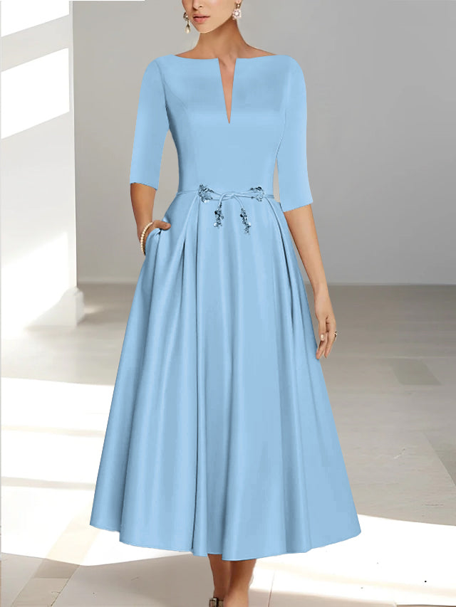 Ankle-Length Mother of the Bride A-Line Dress with Half Sleeves and Pockets