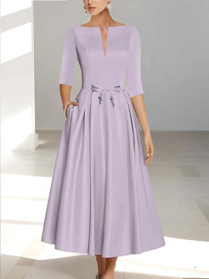 Ankle-Length Mother of the Bride A-Line Dress with Half Sleeves and Pockets