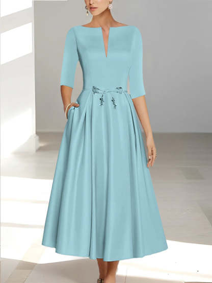Ankle-Length Mother of the Bride A-Line Dress with Half Sleeves and Pockets