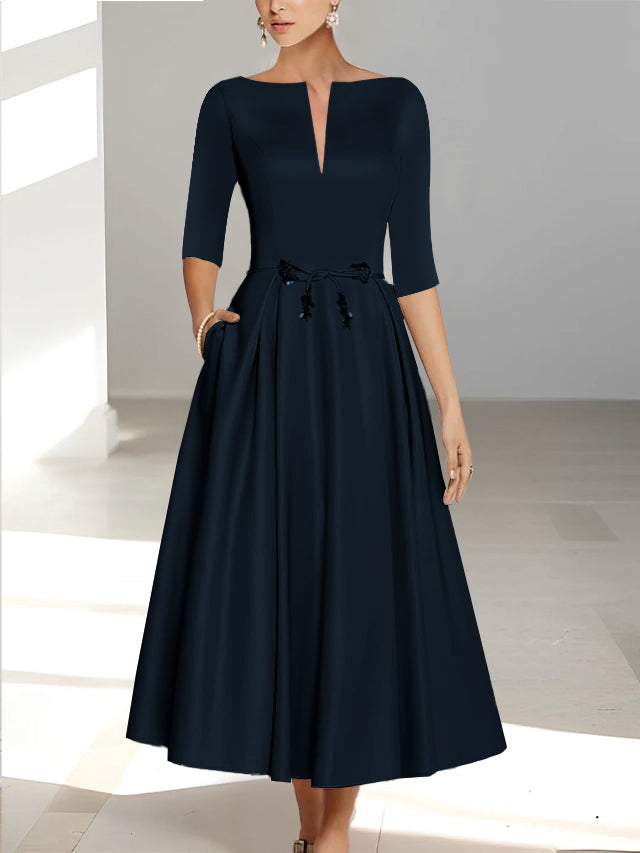Ankle-Length Mother of the Bride A-Line Dress with Half Sleeves and Pockets