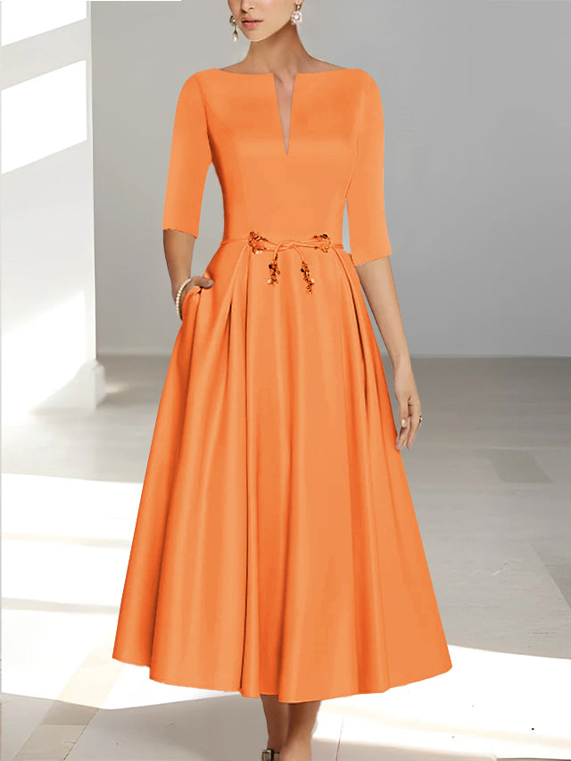 Ankle-Length Mother of the Bride A-Line Dress with Half Sleeves and Pockets