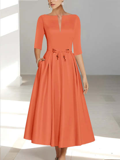 Ankle-Length Mother of the Bride A-Line Dress with Half Sleeves and Pockets