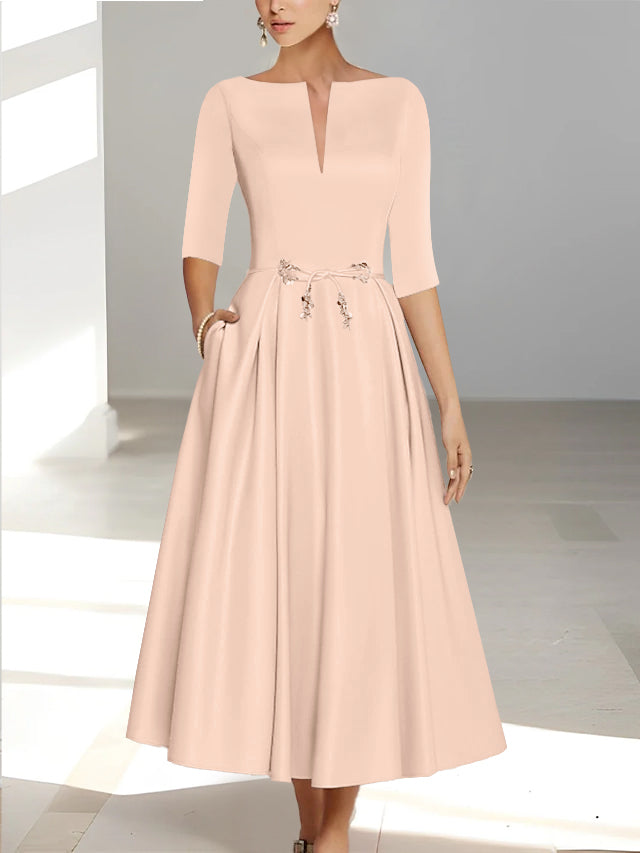 Ankle-Length Mother of the Bride A-Line Dress with Half Sleeves and Pockets