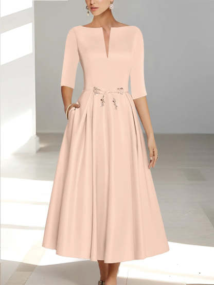 Ankle-Length Mother of the Bride A-Line Dress with Half Sleeves and Pockets