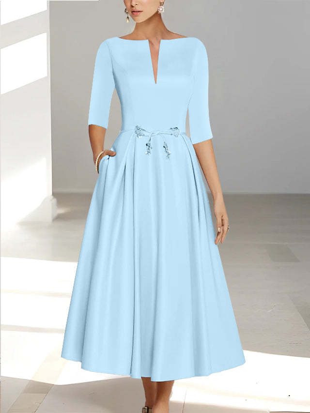 Ankle-Length Mother of the Bride A-Line Dress with Half Sleeves and Pockets